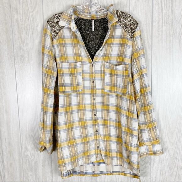 Free People | Little Bit Of Sugar Sequin Yellow Plaid Flannel Button Down Medium - Picture 1 of 9